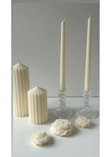 Candle Kokusuz Şakayik Gül 7cm-Çokgen 15*10 -20*10CM -Şamdanlık Dekoratif Mum 22*2cm Kırık Beyaz