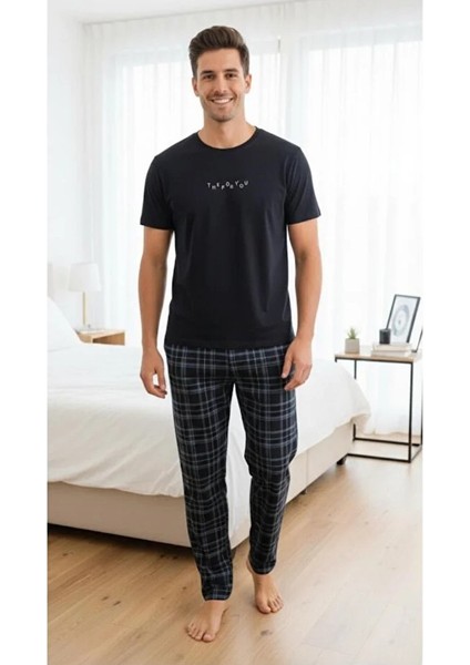 % Cotton Erkek Kısa Kollu Pijama Takımı--Siyah--