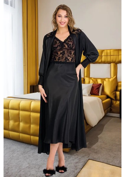 Lady Dantelli Siyah Saten Uzun Gecelik Sabahlık Takım