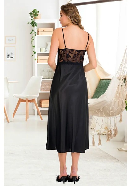 Lady Dantelli Siyah Saten Uzun Gecelik Sabahlık Takım modelleri