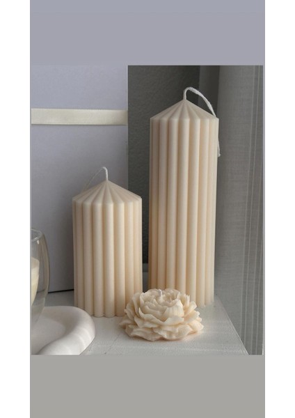 Candle El Yapımı Kokusuz Şakayik Gül 7cm-Çokgen Dekoratif Mum 15*10 -20*10CM Kırık Beyaz 3'lü