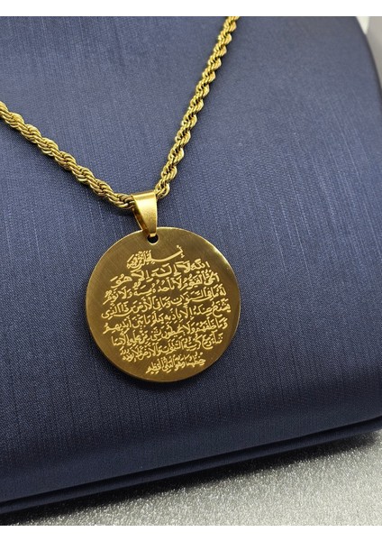 Ayetel Kürsi Yazılı Çelik Kolye Altın Renk