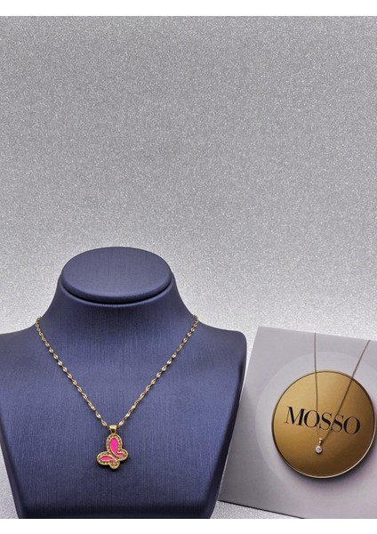Kelebek Model Pembe - Altın Renk Çelik Kolye modelleri