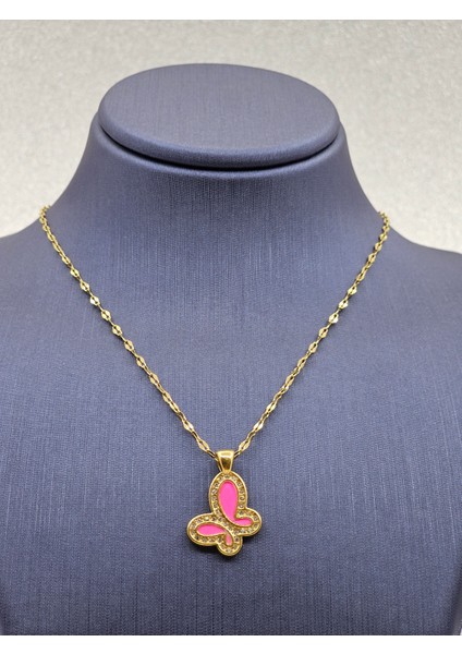 Kelebek Model Pembe - Altın Renk Çelik Kolye fırsatları