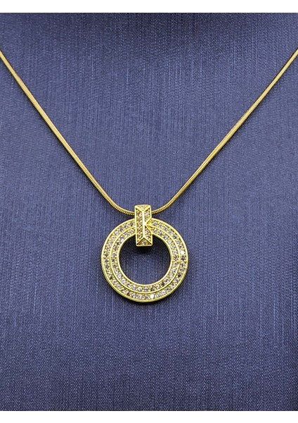 Zirkon Taşlı Gold Renk Yuvarlak Model Çelik Kolye