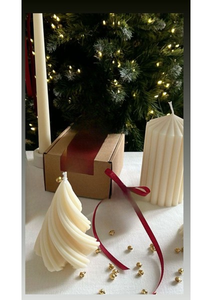 Candle El Yapımı Kokusuz Çam Ağacı Yeni Yıl 10 cm + Çokgen Uzun Desenli Dekoratif 10*5 cm