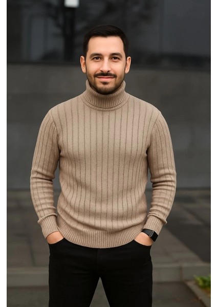 Erkek Balıkcı Yaka Bağazlı Triko Kazak Pamuklu Kalın Fitilli Dokuma, Regular Fit Uzun Kollu Kışlık Model