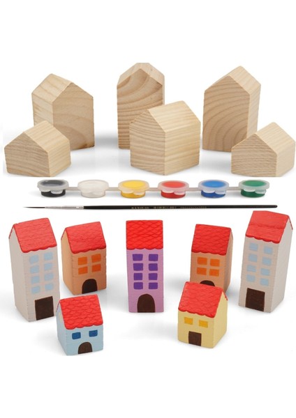 Renkli Ahşap Dekoratif Peg Kule ve Şehir Boyama Seti, 6 Farklı Boy ve Boyalı