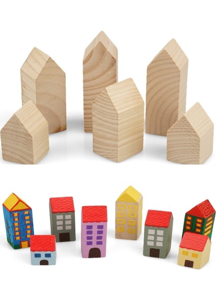 Renkli Ahşap Dekoratif Peg Kule ve Şehir Boyama Seti, 6 Farklı Boy ve Boyalı fırsatları