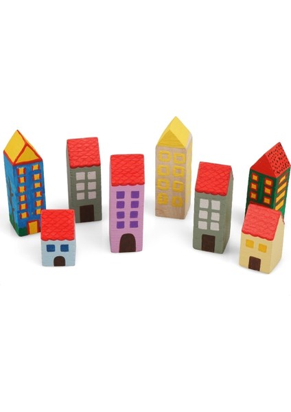 Renkli Ahşap Dekoratif Peg Kule ve Şehir Boyama Seti, 6 Farklı Boy ve Boyalı indirimleri