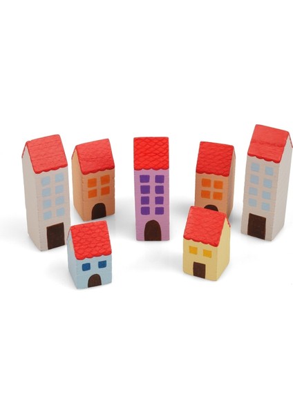 Renkli Ahşap Dekoratif Peg Kule ve Şehir Boyama Seti, 6 Farklı Boy ve Boyalı