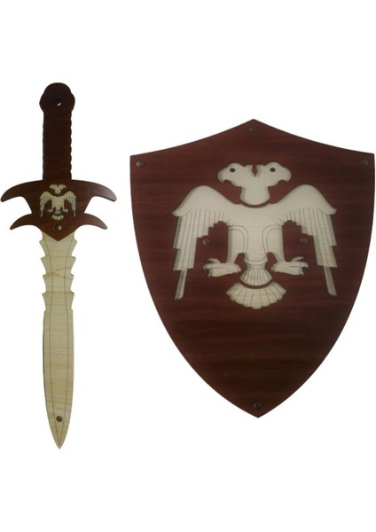 El Işlemeli Ahşap Çift Başlı Selçuklu Temalı Kalkan ve Kılıç Takımı