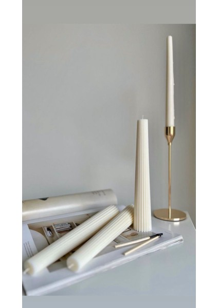Candle El Yapımı Kokusuz Çokgen Uzun Şamdanlık Mum 22*4- Düz Sade Şamdanlık Mum– Kırık Beyaz 22*2