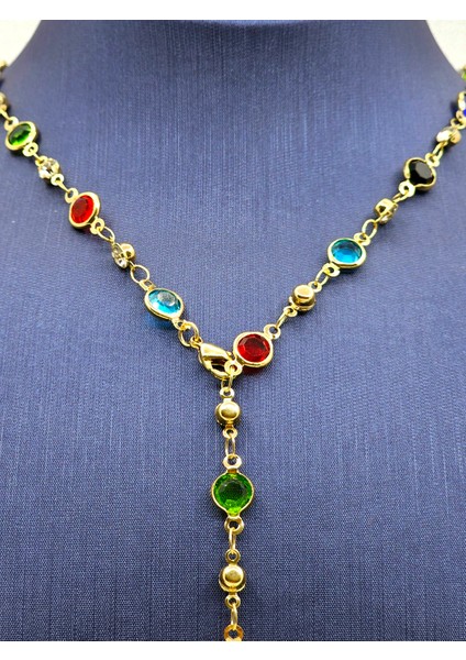 Renkli Taşlı Y Model Çelik Kolye