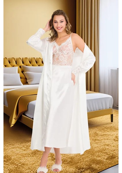 Lady Dantelli Beyaz Saten Uzun Gecelik Sabahlık Takım