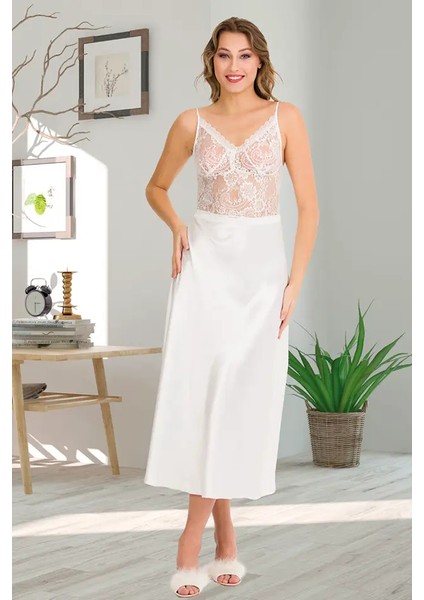Lady Dantelli Beyaz Saten Uzun Gecelik Sabahlık Takım modelleri