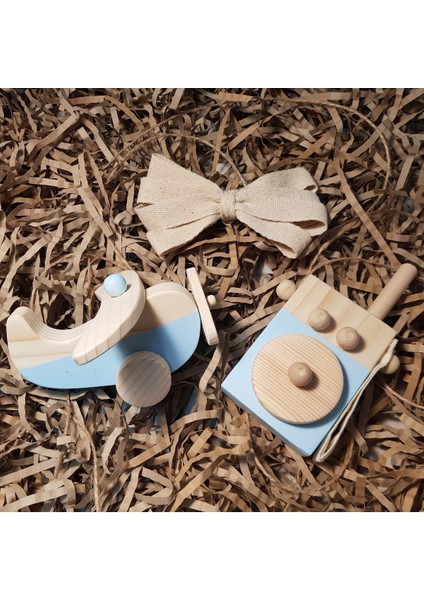 Ahşap Bebek Oyuncak Seti, Uçak ve Telsiz, Waldorf Tarzı, Hediyelik, 2+ Yaş