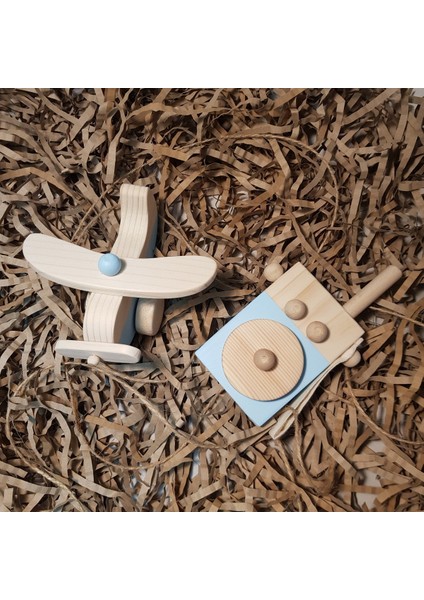 Ahşap Bebek Oyuncak Seti, Uçak ve Telsiz, Waldorf Tarzı, Hediyelik, 2+ Yaş modelleri