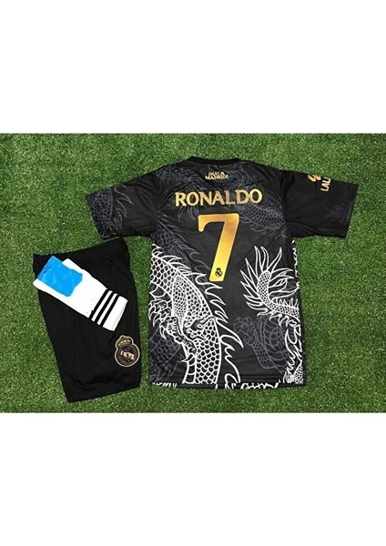 R.madridd 2023/24 Sezon Dragon Desenli Cristiano Ronaldo Konsept Çocuk Forması 3'lü Set (Black)