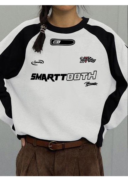 Y2K Streetwear Smarttooth Baskılı Beyaz Unisex Oversize Bisiklet Yaka Sweatshirt modelleri
