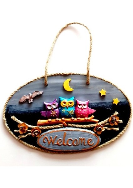 Renkli Baykuşlu Welcome Yazılı El Yapımı Kapı Süsü fiyatları