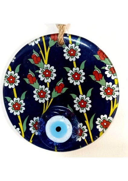 Çiçek Desenli Lacivert Nazar Boncuklu Füzyon Cam Duvar Süsü