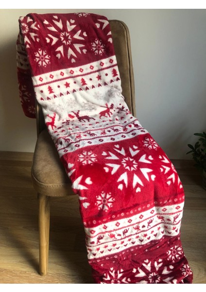 Yılbaşı Temalı Çift Kişilik 200X220 cm Polar Soft Battaniye Bordo Kırmızı Beyaz