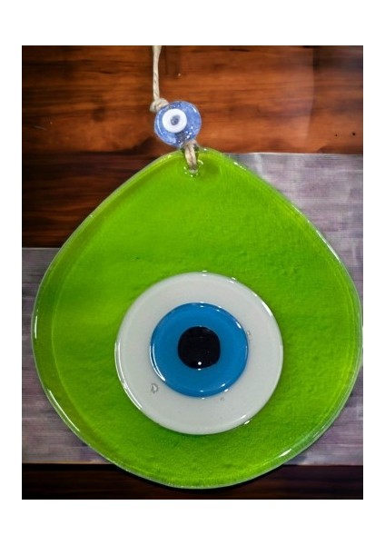 Mavi Nazar Boncuklu Şeffaf Açık Yeşil Renk Nazar Boncuklu Damla Desen El Yapımı Duvar Süsü