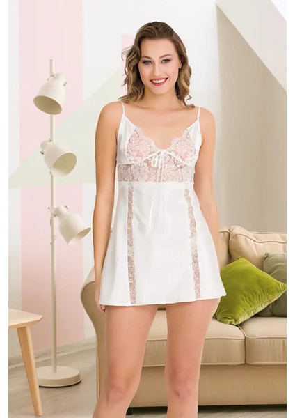 Lady Beyaz Saten Gecelik Sabahlık Takım