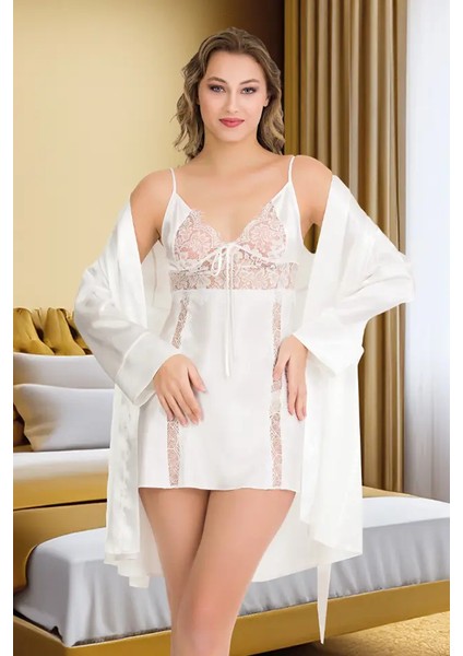 Lady Beyaz Saten Gecelik Sabahlık Takım modelleri