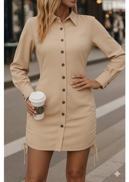 Kadın Uzun Kollu Gömlek Yaka Önden Düğmeli Yanlardan Büzgülü Kısa Aerobin Elbise