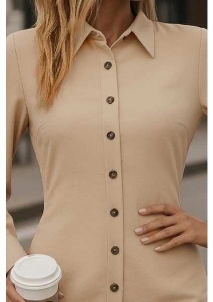Kadın Uzun Kollu Gömlek Yaka Önden Düğmeli Yanlardan Büzgülü Kısa Aerobin Elbise fiyatları