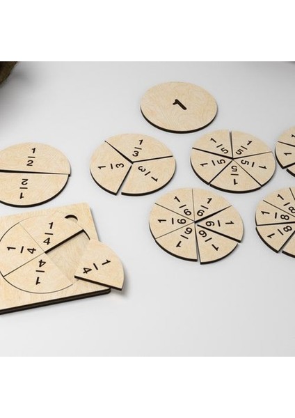Ahşap Kesirler Öğrenme Eğitici Montessori Yapboz Bej