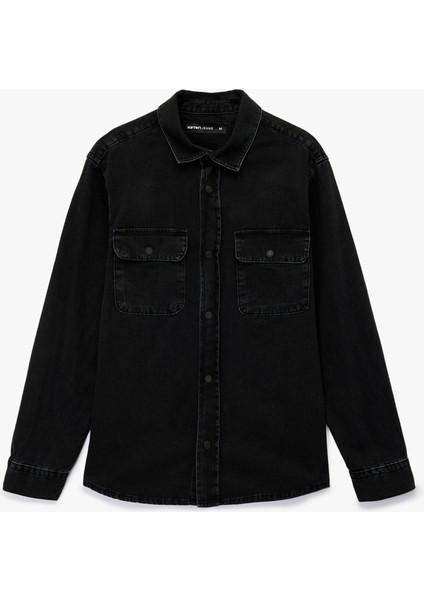 Rahat Kalıp Uzun Kollu Düğmeli Kapaklı Cepli Klasik Yaka Pamuklu Jean Gömlek