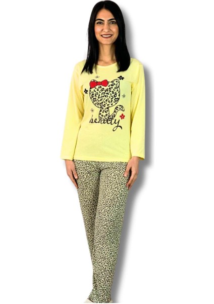 Kadın Kedi Motifli Leopar Desenli Pijama Takımı (Sarı) Sarı