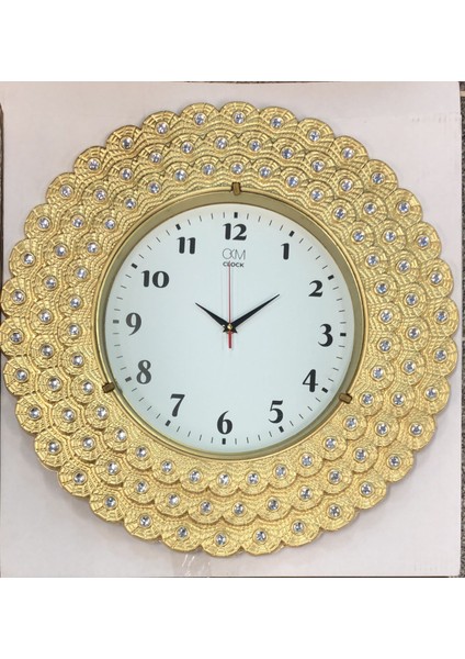 Dekoratif Taşlı Yuvarlak Duvar Saati Altın Renk