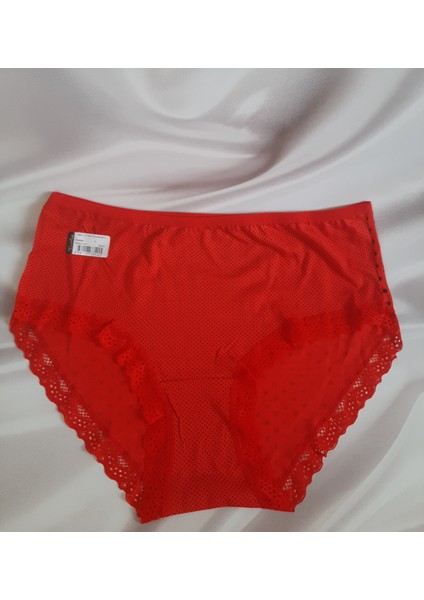 Kırmızı Yüksek Bel Büyük Beden Kenarları Dantelli %100 Pamuk Tutku Kadın Bato Külot