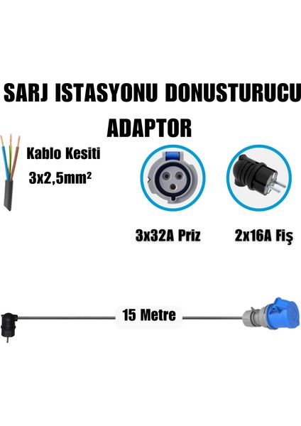 7,4kW Elektrikli Araç Şarj Cihazı için 15 Metre Monofaze Fişli Dönüştürücü Adaptör fiyatları