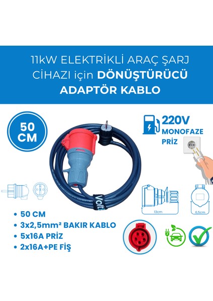 11kW Elektrikli Araç Şarj Cihazı için 50Cm Monofaze Fişli Dönüştürücü Adaptör