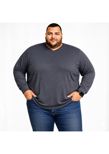 Erkek Büyük Beden Oversize Uzun Kollu V Yaka T-Shirt 3xl 4xl 5xl 6xl 7xl 8xl 9xl