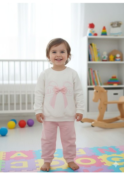 Sevimli Fiyonk Desenli Organik Pamuklu Bebek Sweatshirt ve Eşofman Altı Takımı