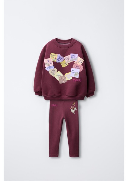Kız Çocuk Pamuklu Bordo Kalpli Magu Baskılı Sweatshirt Eşofman Takım