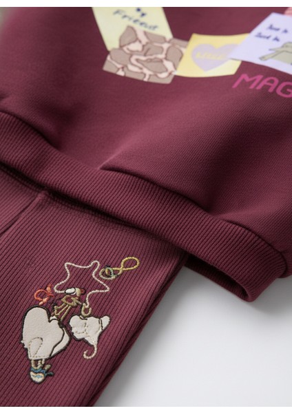 Kız Çocuk Pamuklu Bordo Kalpli Magu Baskılı Sweatshirt Eşofman Takım modelleri