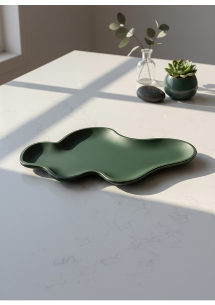 Green Cirrus Asimetrik Dekoratif Tabak, Beton Tabak, 29X16 cm