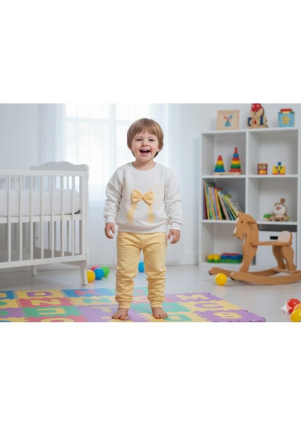 Sevimli Fiyonk Desenli Organik Pamuklu Bebek Sweatshirt ve Eşofman Altı Takımı