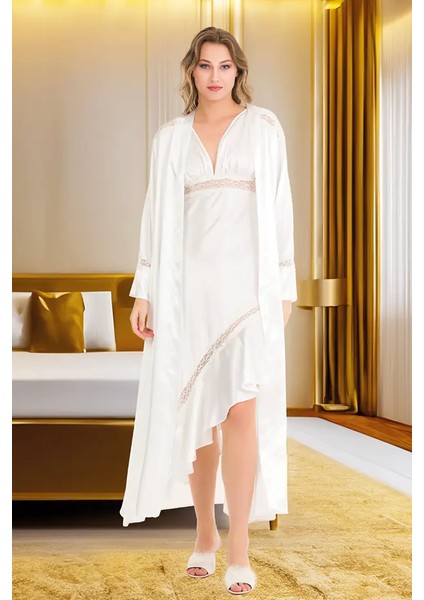 Lady Dantelli Uzun Beyaz Saten Gecelik Sabahlık Takım