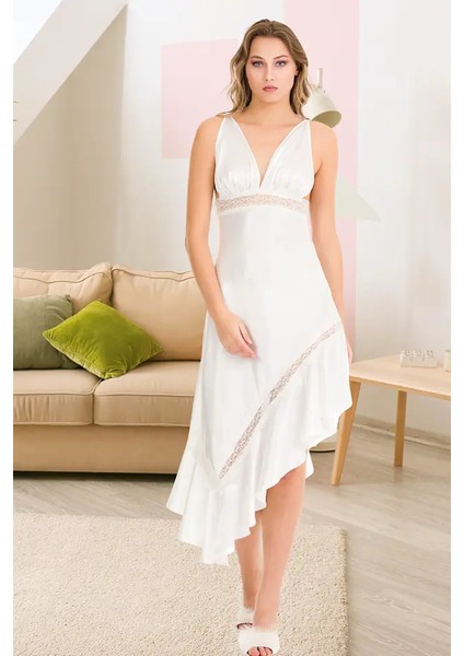 Lady Dantelli Uzun Beyaz Saten Gecelik Sabahlık Takım fiyatları