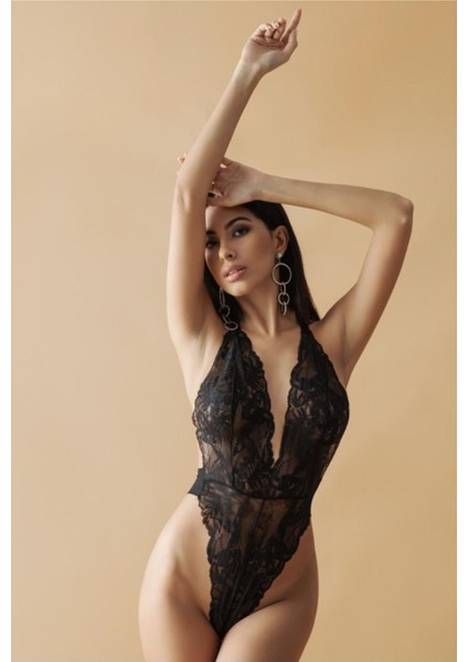 Siyah Dantelli Fantezi Bodysuit - 857
