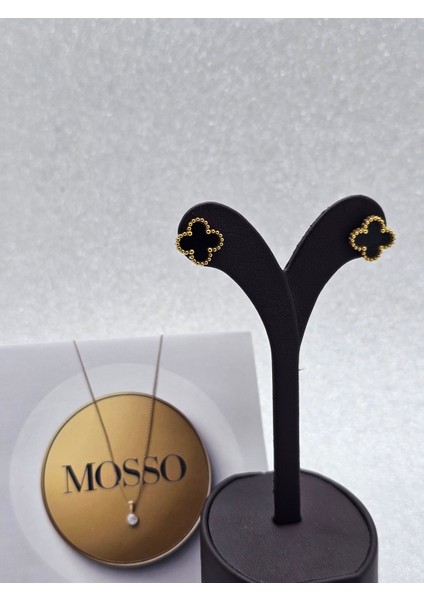 Yonca Model Siyah Gold Renk Çelik Küpe modelleri