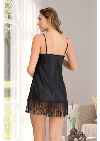 Lady Püsküllü Siyah Saten Gecelik Sabahlık Takım fiyatları